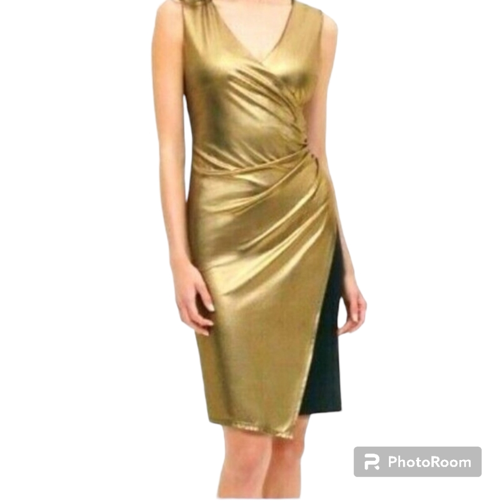 NWT Tommy Hilfiger Size 12 Gold Lamè Surplice Ruched Side Cocktail Mini Dress